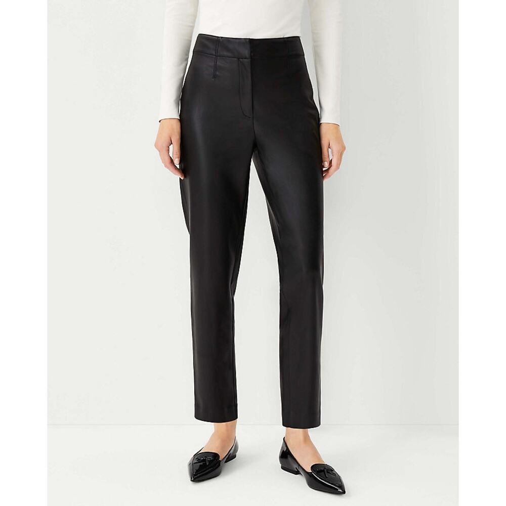 NWT Ann Taylor Vegan Leather Slim Pant Faux Leather Black Cropped Trousers Sz 14 - Picture 2 of 8